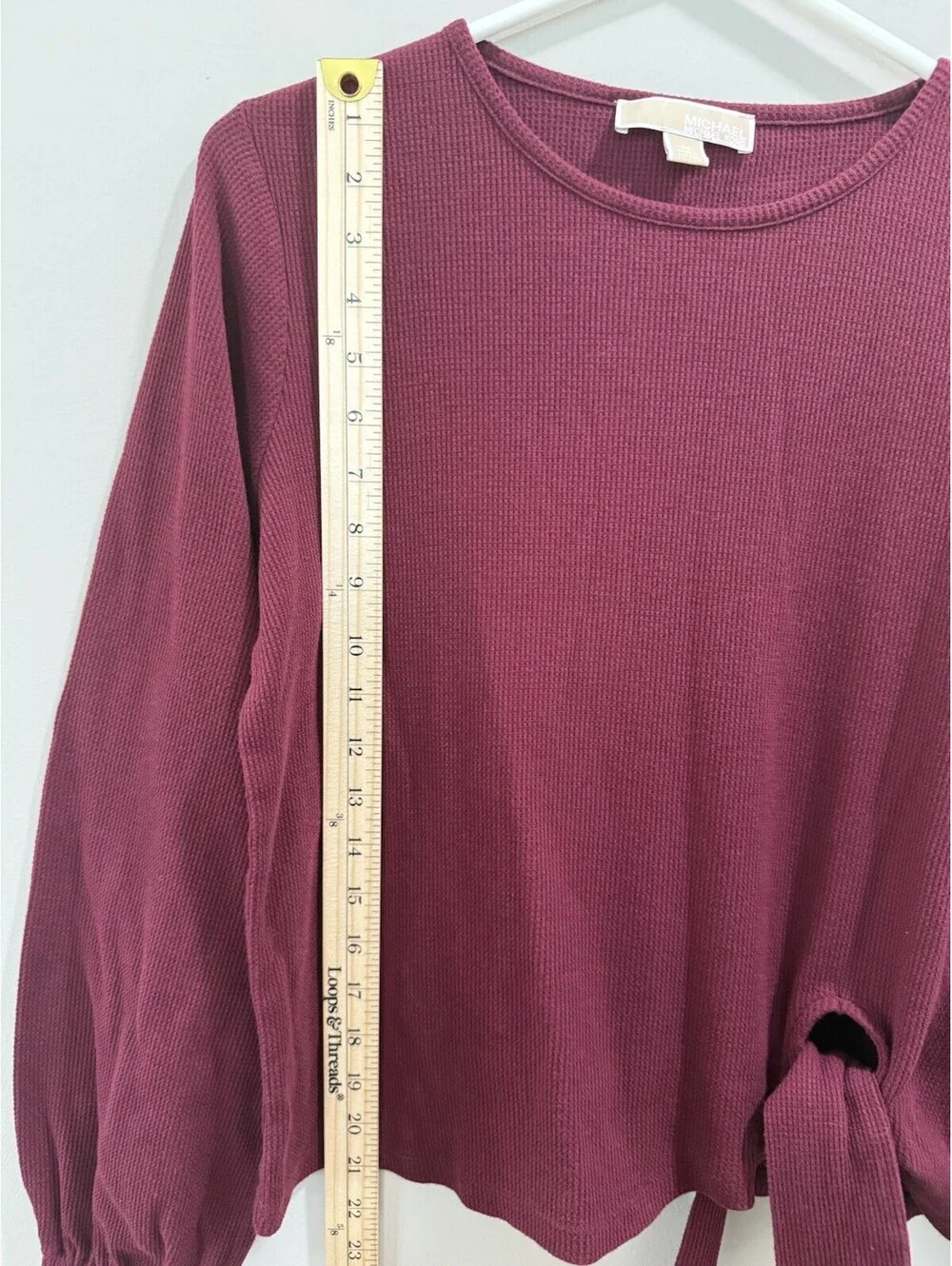 MICHAEL Michael Kors Burgundy Solid Knit Round Neck Balloon Sleeve Tie Hem M